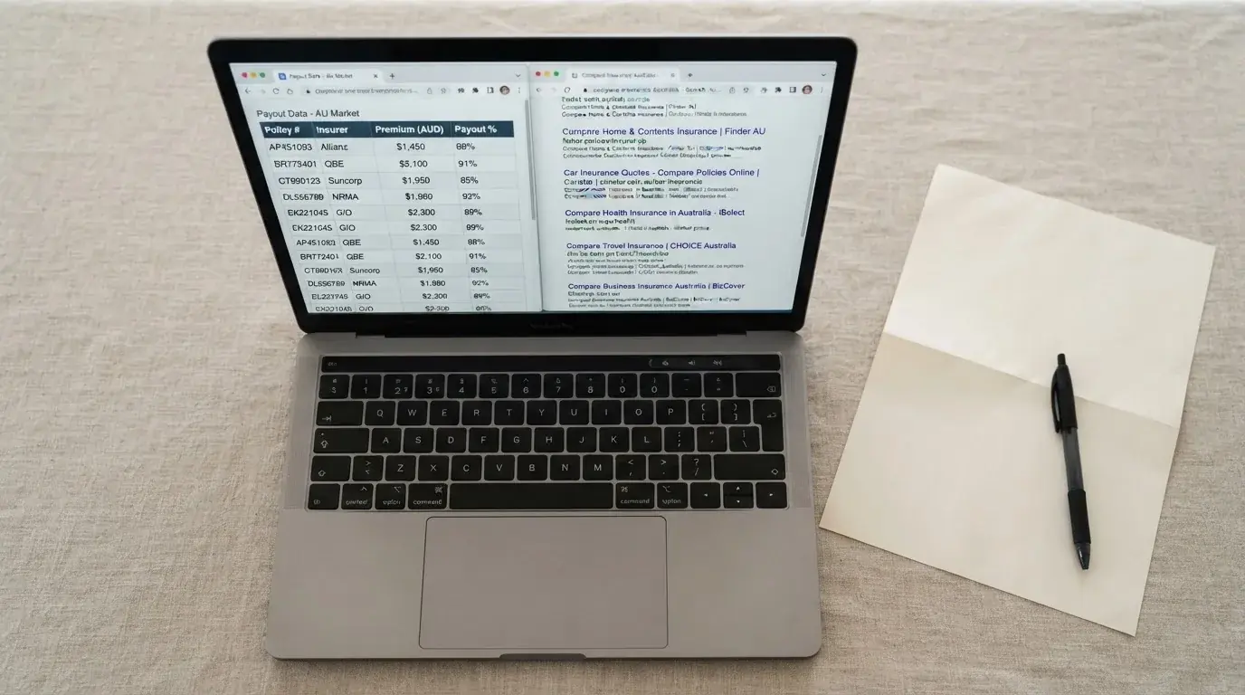 A laptop screen split between two browser tabs, one showing a comparison table and the other a search results page.