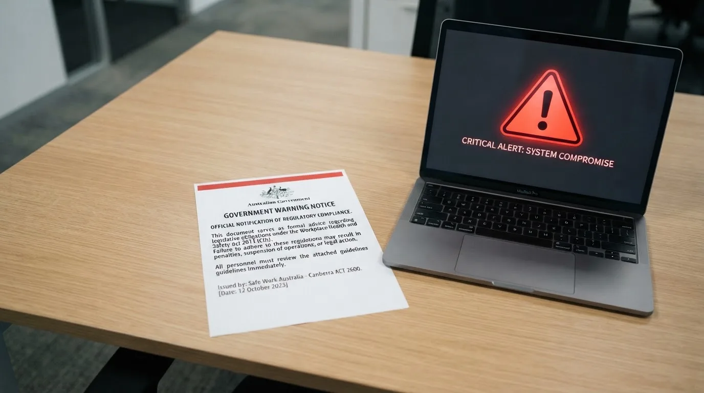 A printed government warning notice on a desk beside a laptop with a red alert icon on the screen.