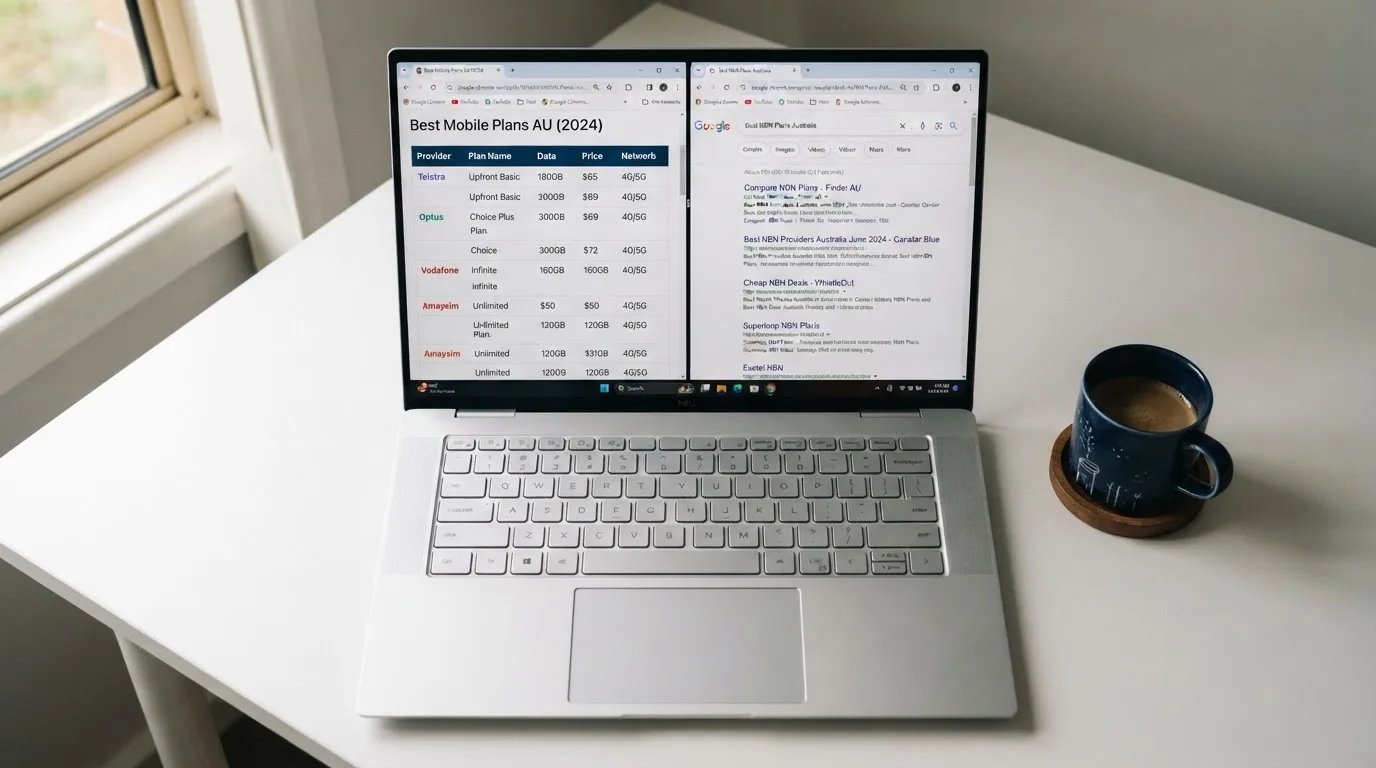 A laptop screen split between two browser tabs, one showing a comparison table and the other a search results page.