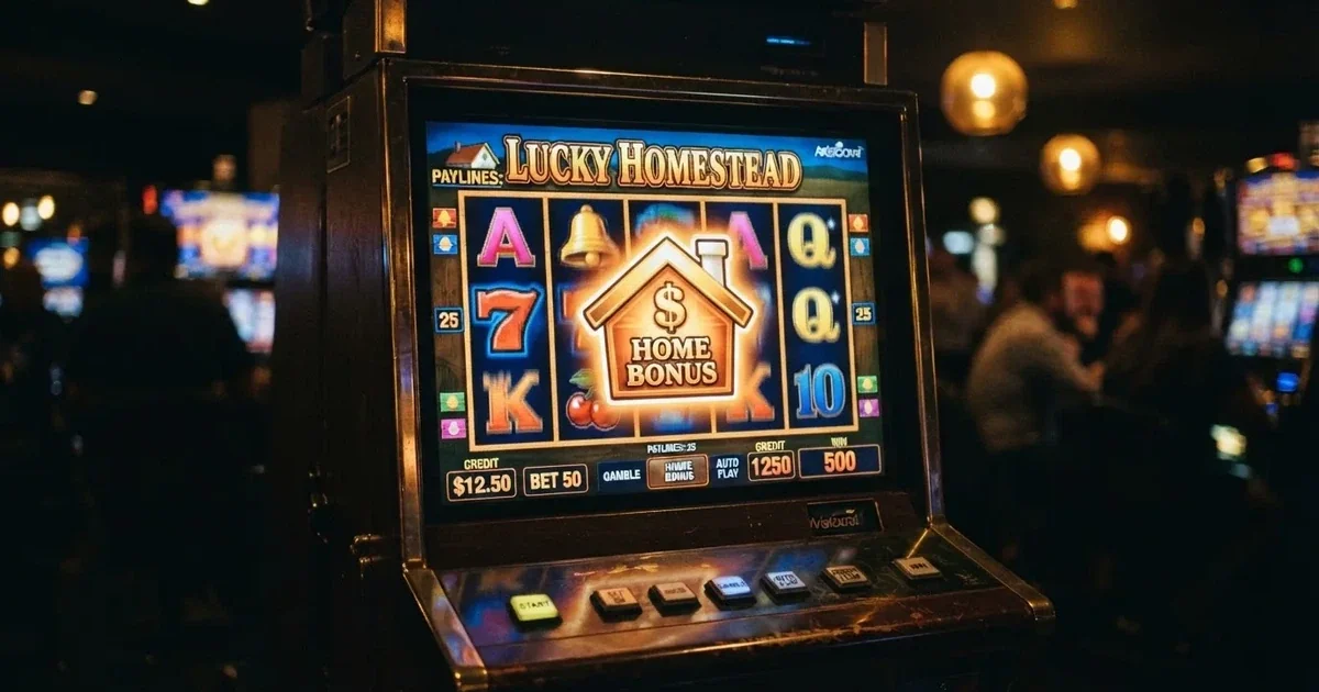 A close-up of a slot reel icon with a house-shaped motif on a screen.