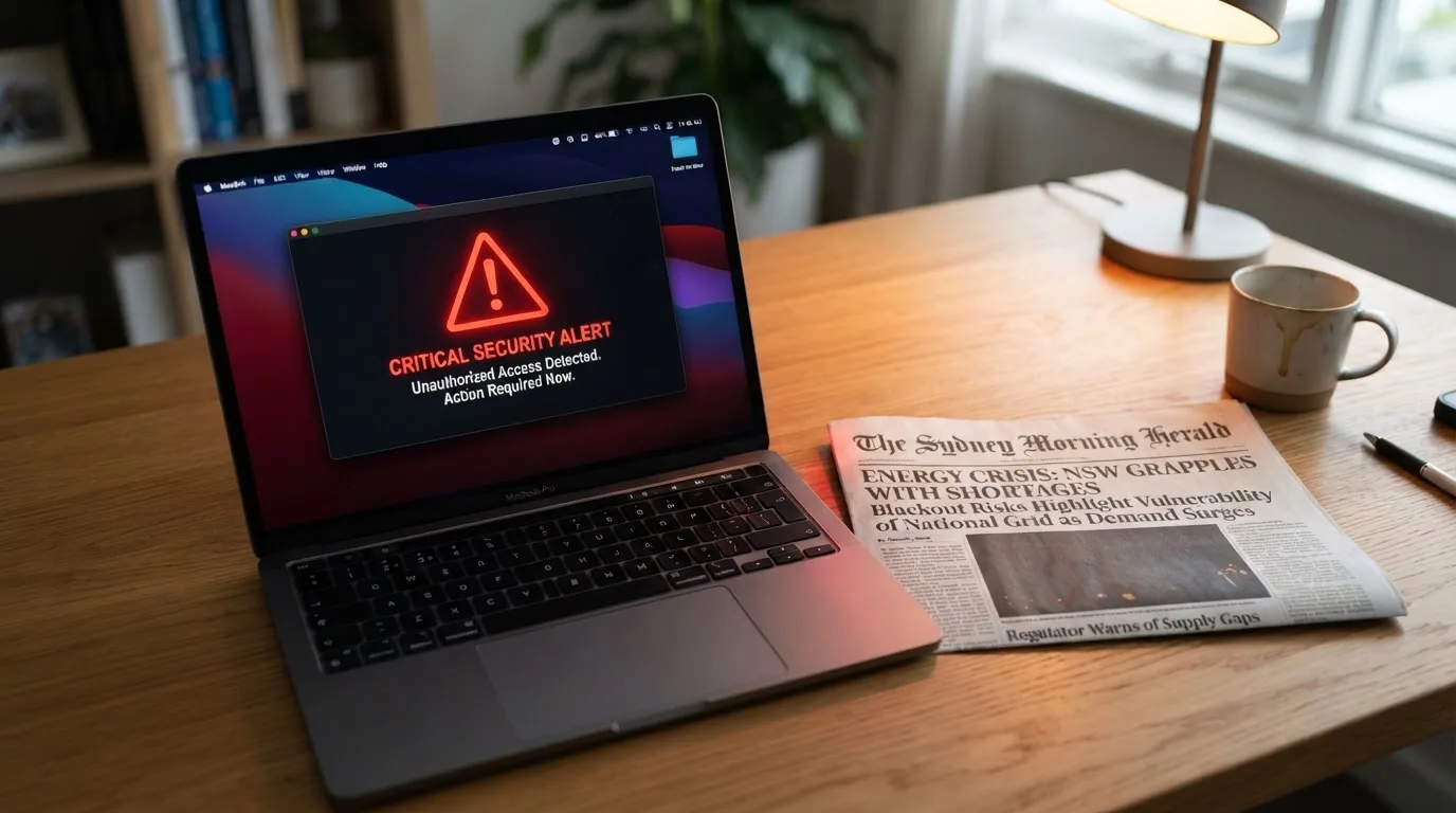 A printed government warning notice on a desk beside a laptop with a red alert icon on the screen.