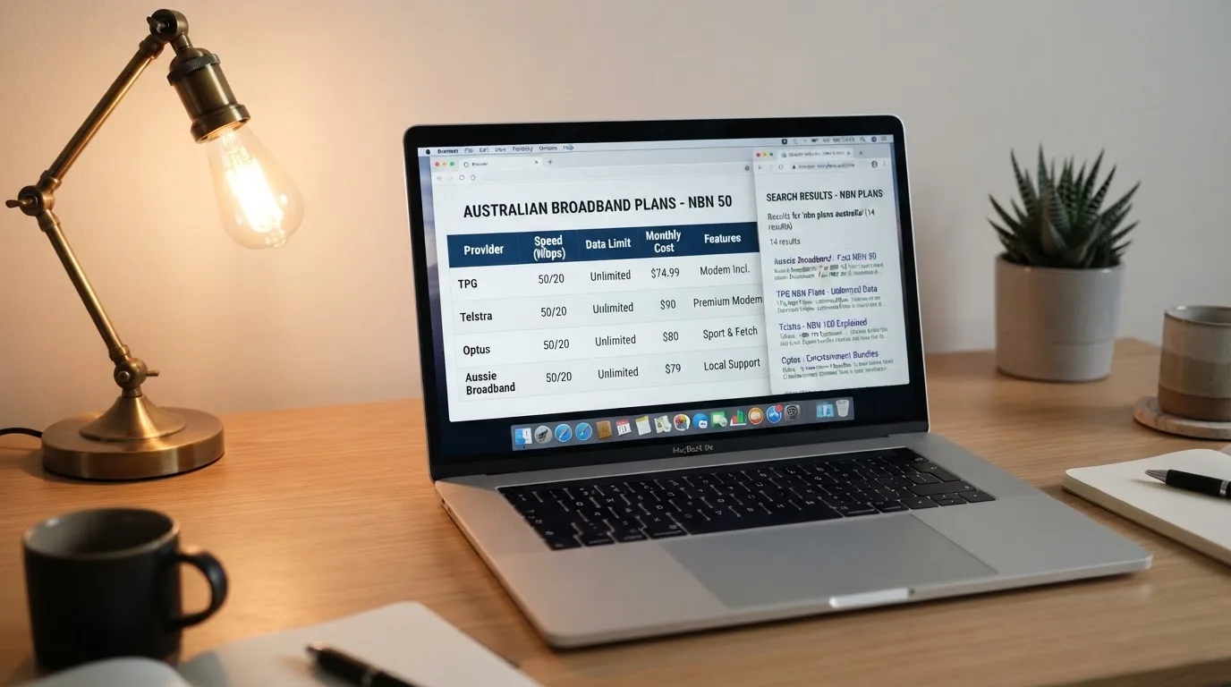 A laptop screen split between two browser tabs, one showing a comparison table and the other a search results page.