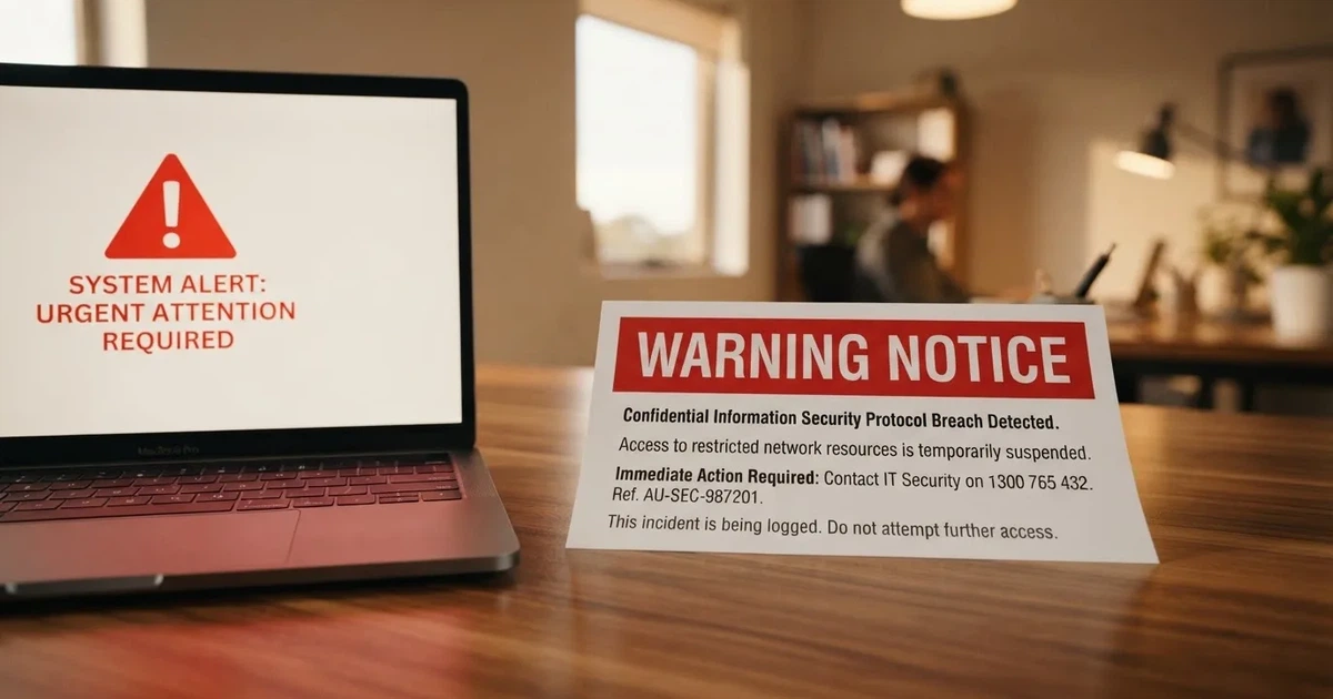 A printed government warning notice on a desk beside a laptop with a red alert icon on the screen.