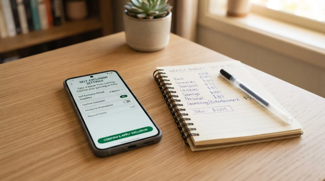 A phone showing a self-exclusion settings screen next to a notepad with a weekly budget written on it.