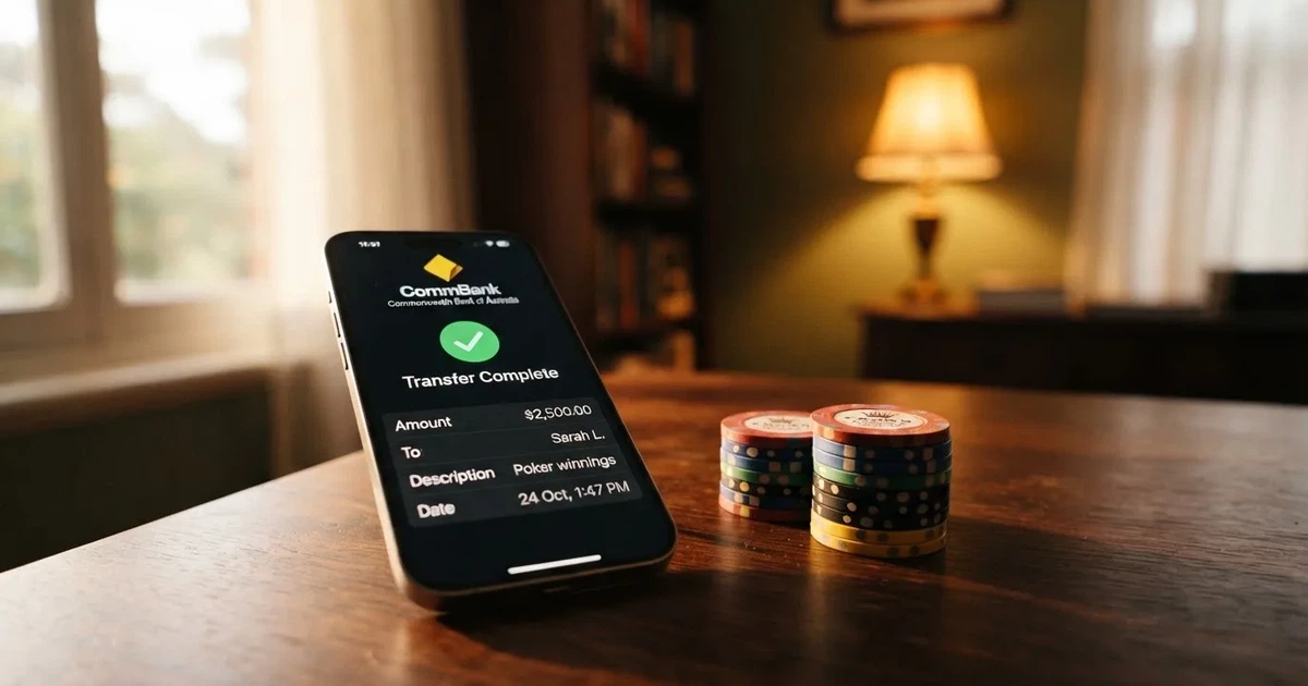 A phone displaying a bank transfer confirmation screen next to a stack of Australian dollar notes.