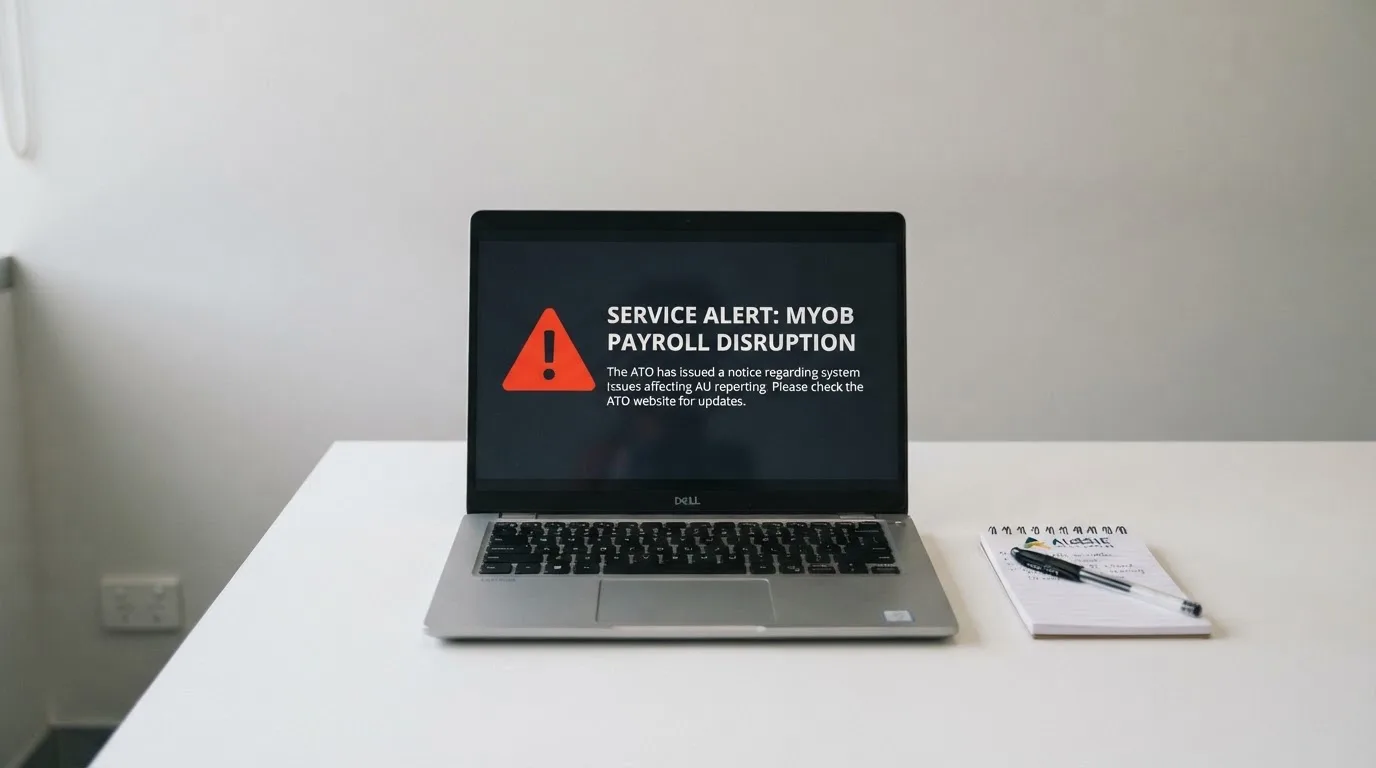 A printed government warning notice on a desk beside a laptop with a red alert icon on the screen.