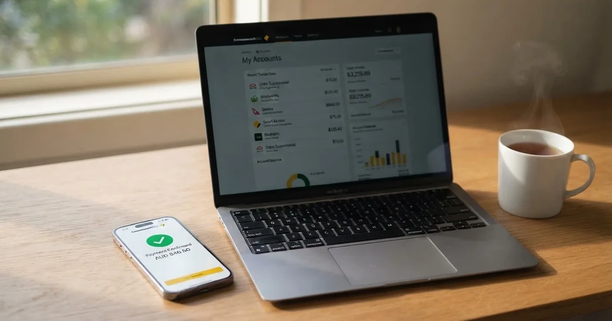 A phone showing a PayID-style bank transfer confirmation next to a laptop.