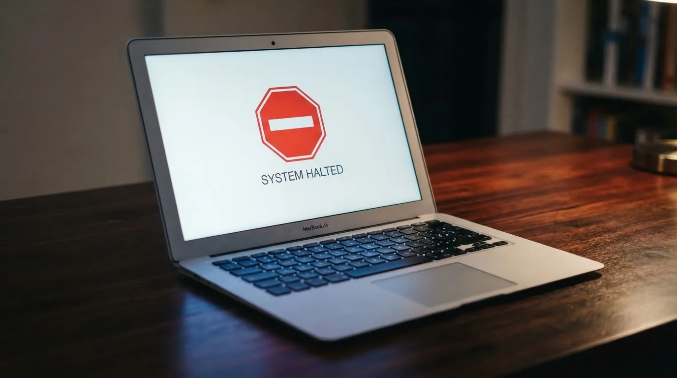 A printed government warning notice on a desk beside a laptop with a red alert icon on the screen.