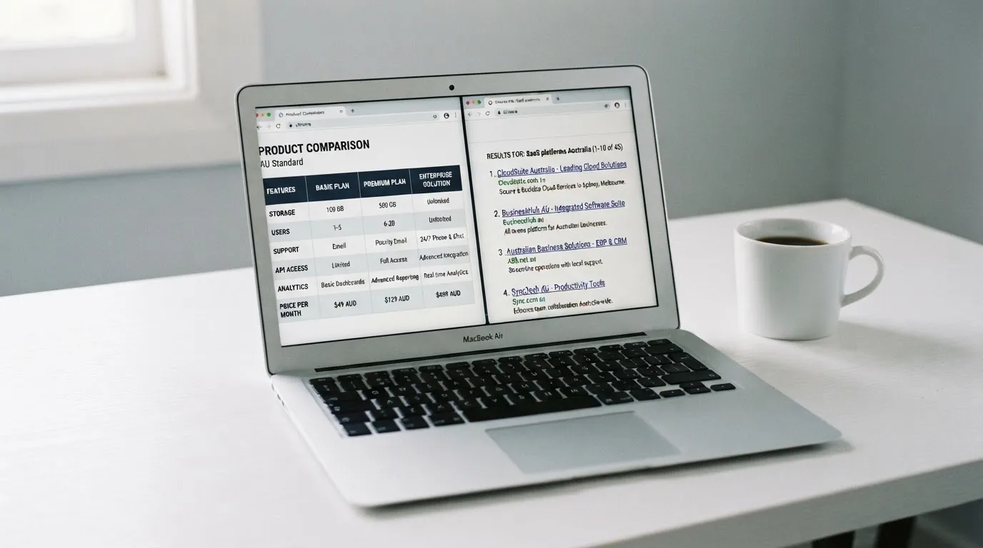 A laptop screen split between two browser tabs, one showing a comparison table and the other a search results page.