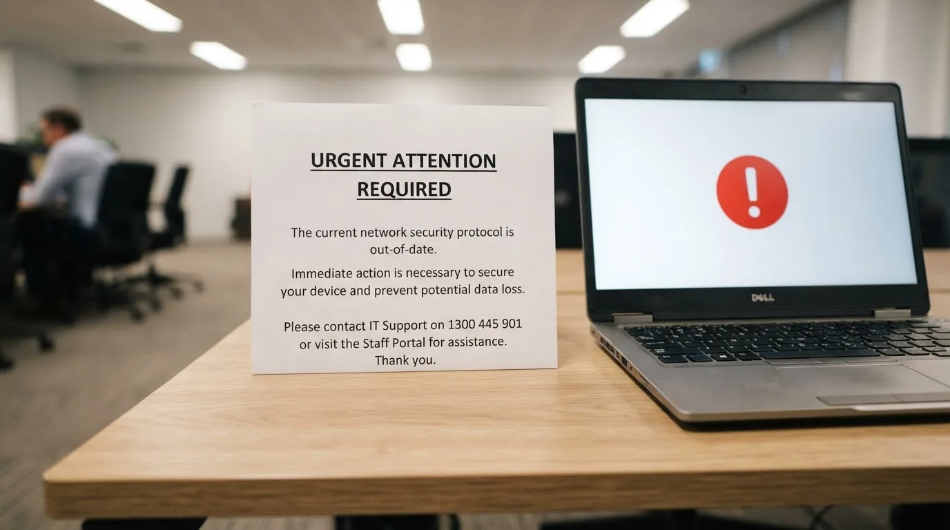 A printed government warning notice on a desk beside a laptop with a red alert icon on the screen.
