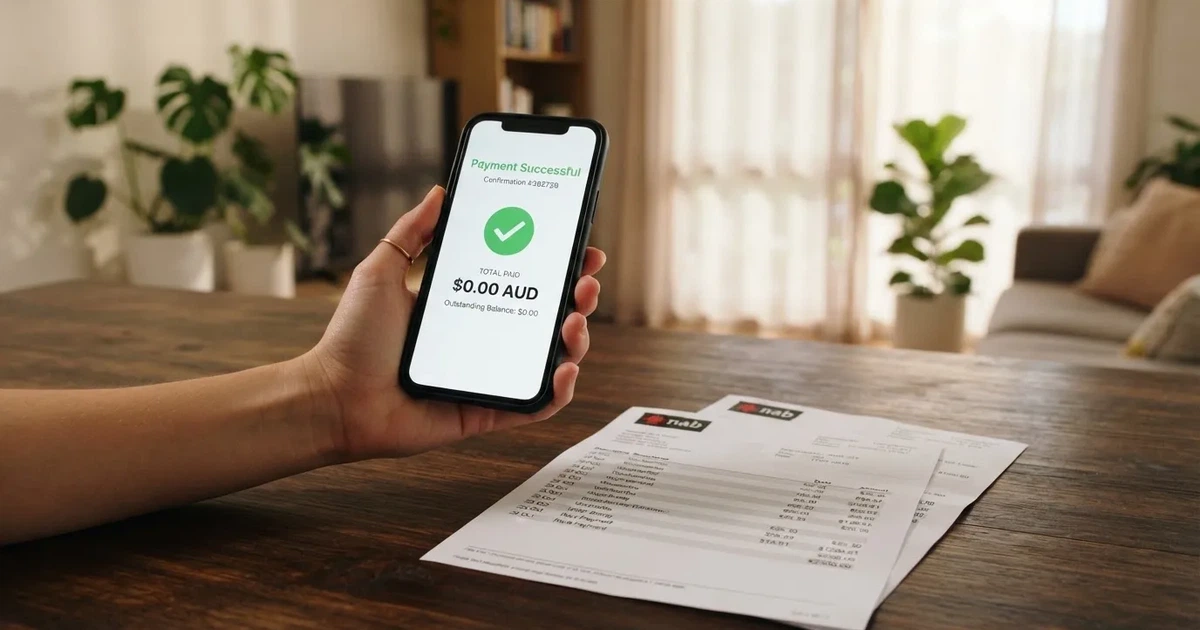 A hand holding a phone showing a cleared balance next to a stack of printed bank statements.