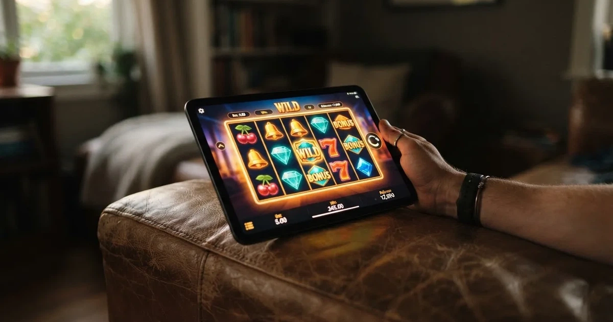 A hand holding a tablet with a touchscreen keypad displayed, resting on a couch armrest.