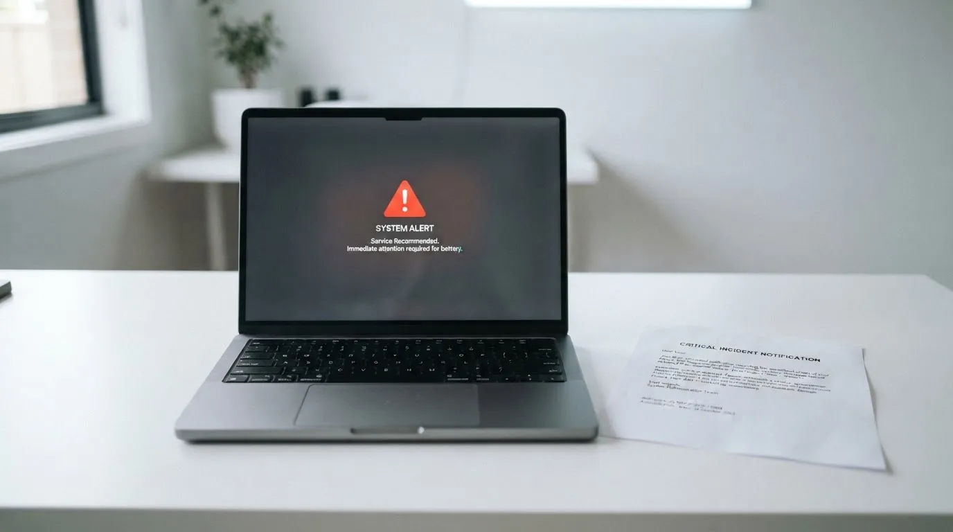 A printed government warning notice on a desk beside a laptop with a red alert icon on the screen.