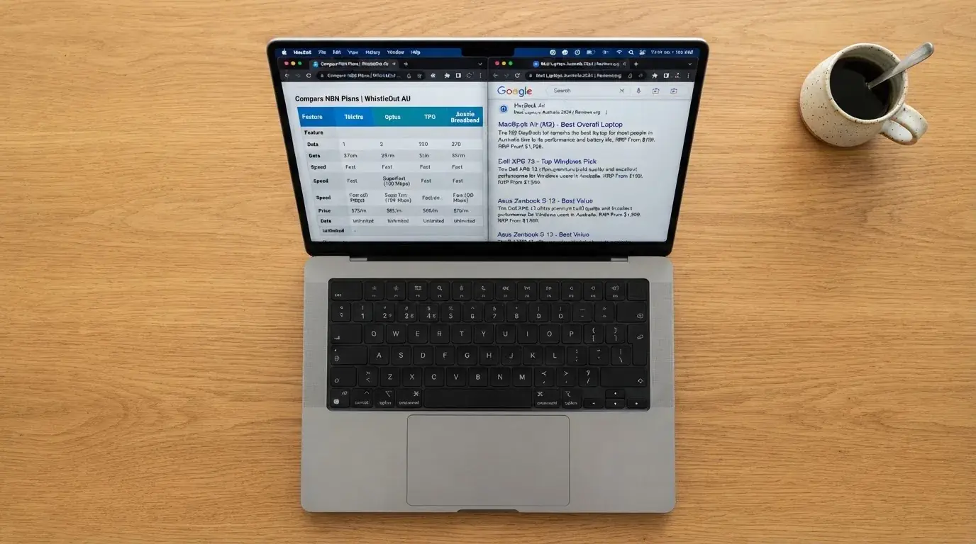 A laptop screen split between two browser tabs, one showing a comparison table and the other a search results page.
