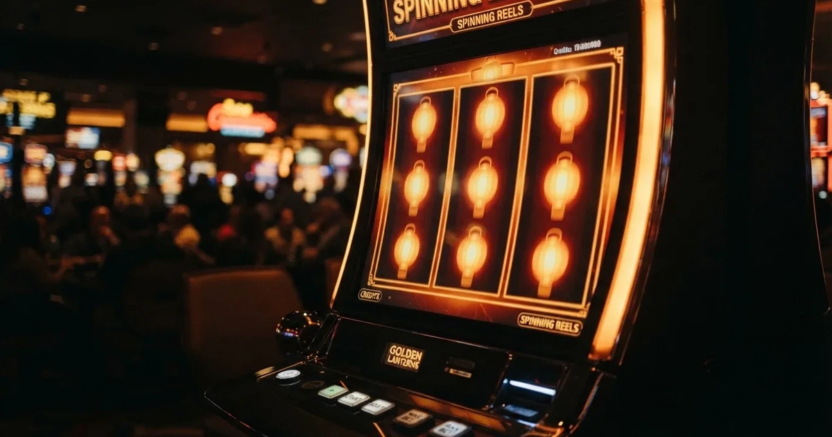 A close-up of a slot reel icon showing a stylised lantern motif on a cabinet screen.