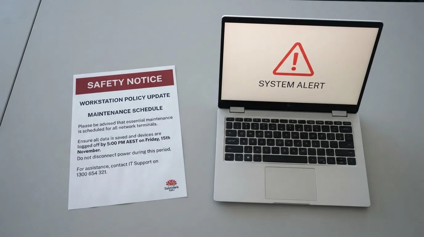 A printed government warning notice on a desk beside a laptop with a red alert icon on the screen.