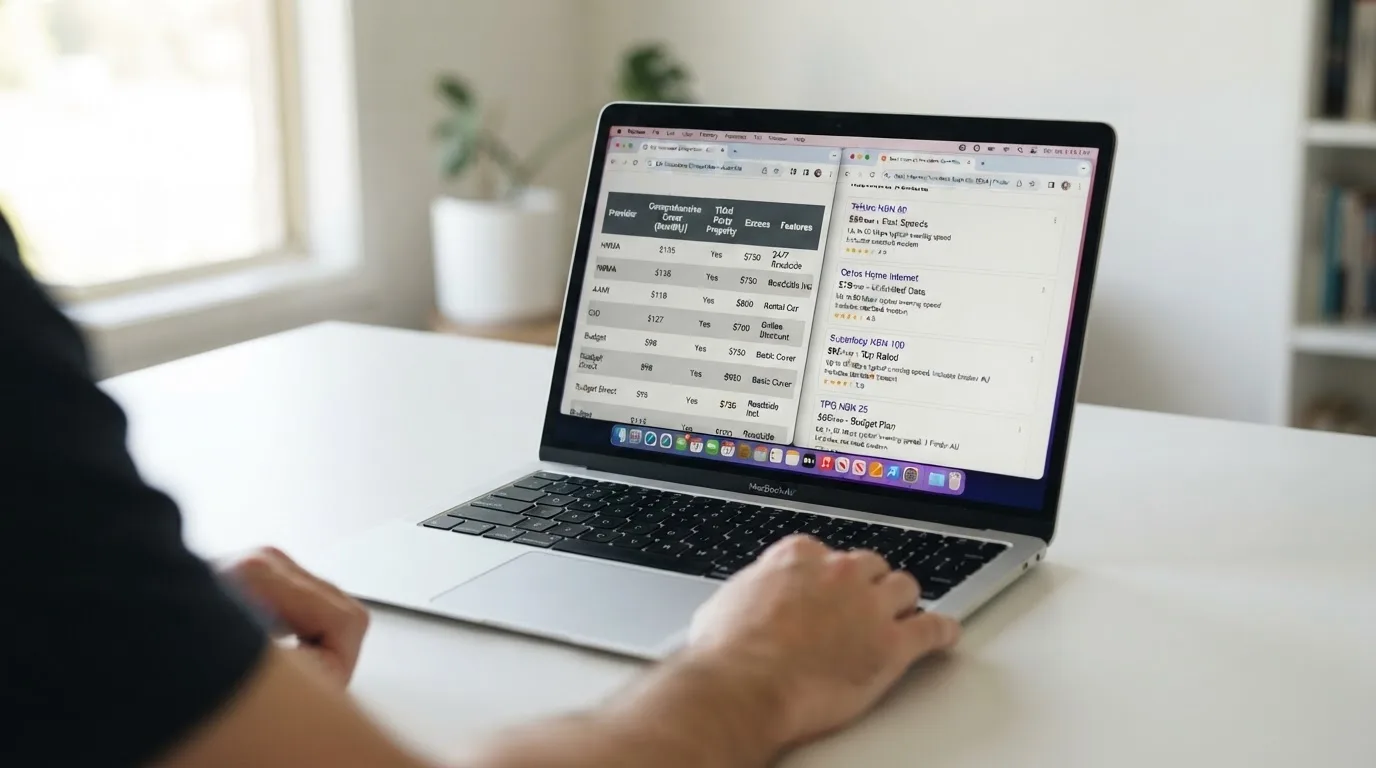 A laptop screen split between two browser tabs, one showing a comparison table and the other a search results page.