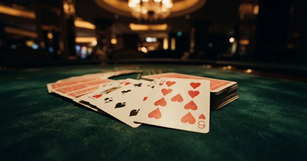 A close-up of a shuffled deck of playing cards fanned out on a green felt table.