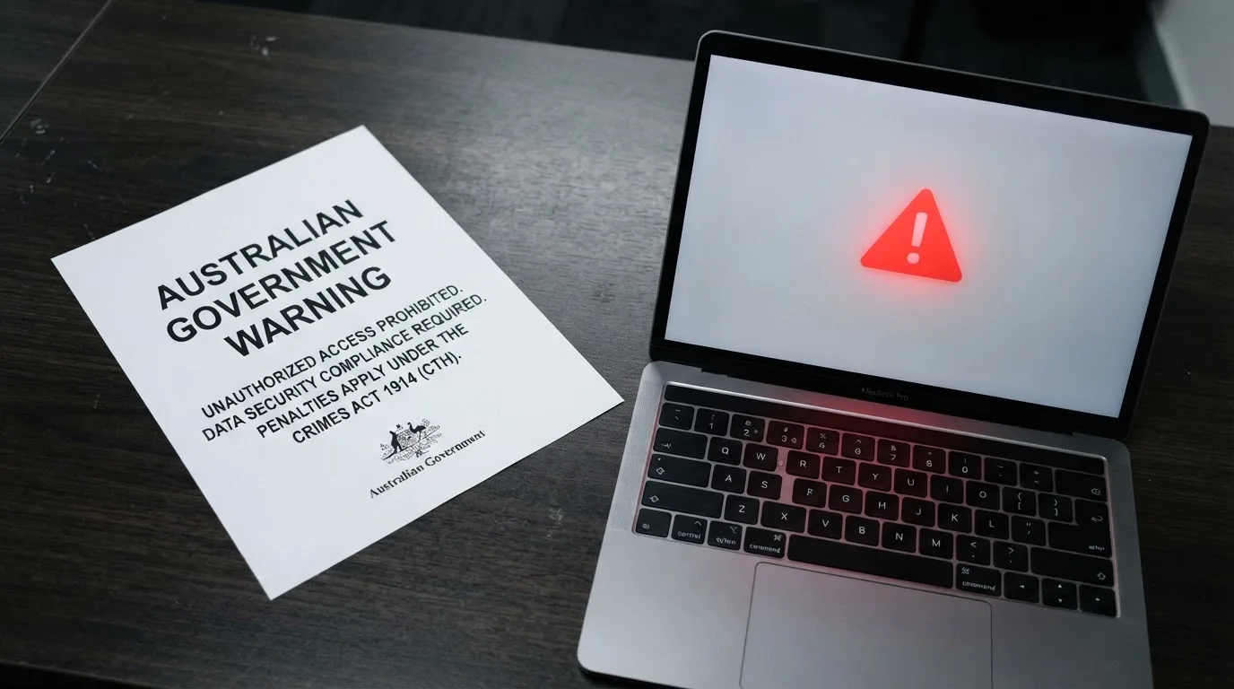 A printed government warning notice on a desk beside a laptop with a red alert icon on the screen.