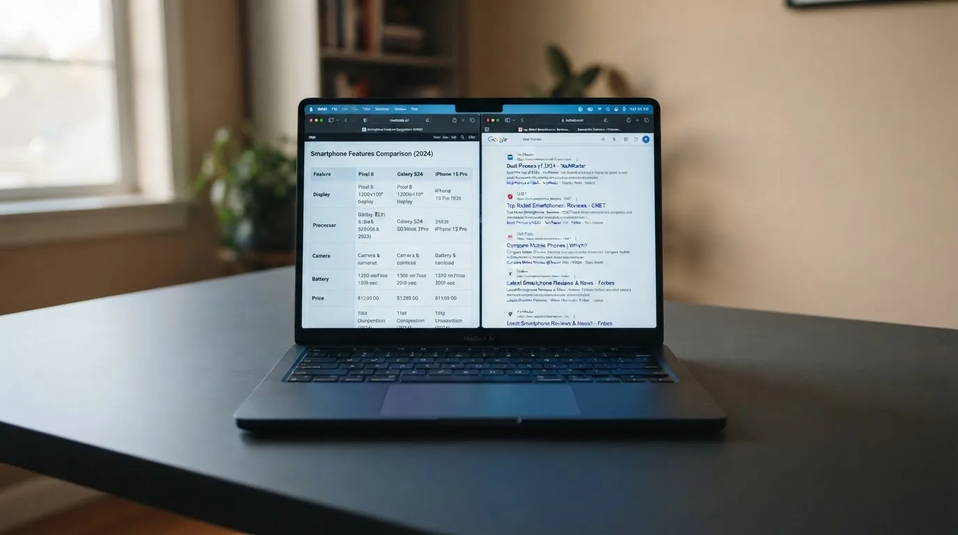 A laptop screen split between two browser tabs, one showing a comparison table and the other a search results page.