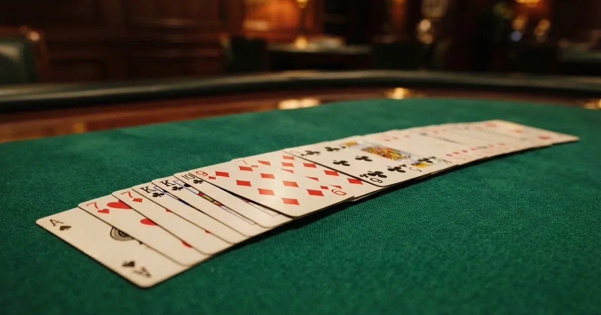 A close-up of a shuffled deck of playing cards fanned out on a green felt table.