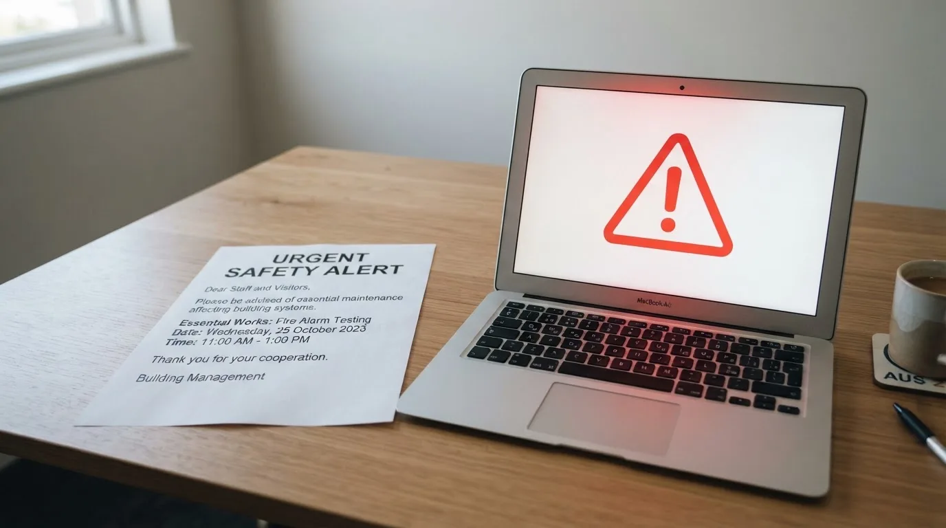 A printed government warning notice on a desk beside a laptop with a red alert icon on the screen.