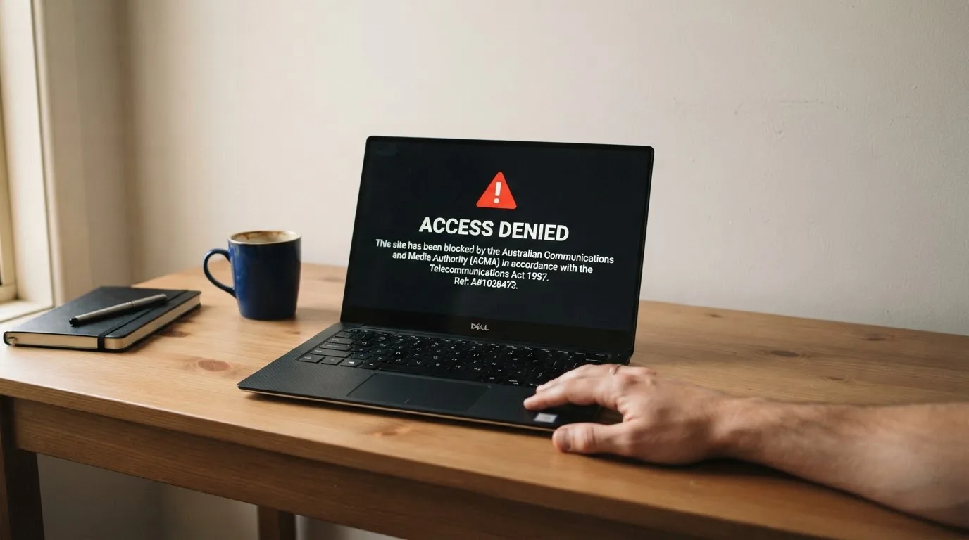 A printed government warning notice on a desk beside a laptop with a red alert icon on the screen.
