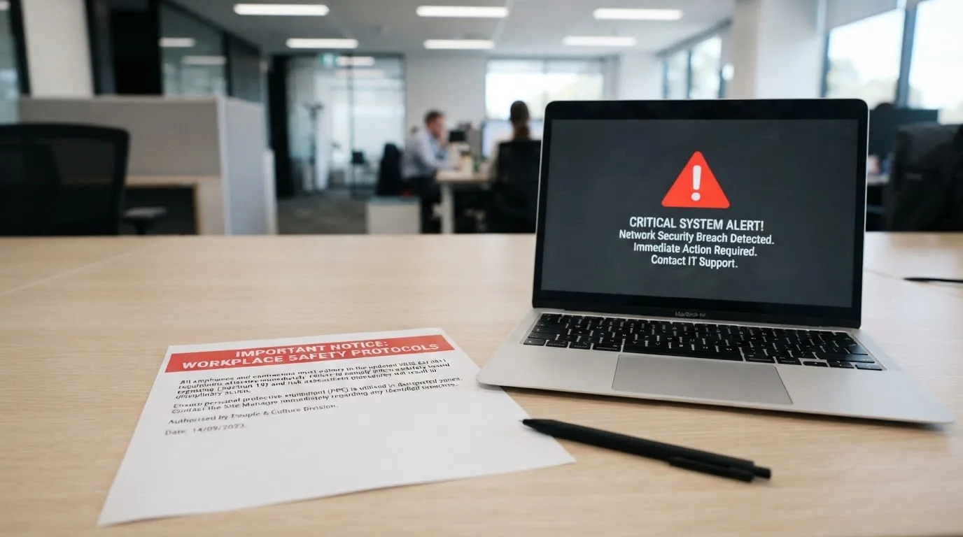A printed government warning notice on a desk beside a laptop with a red alert icon on the screen.
