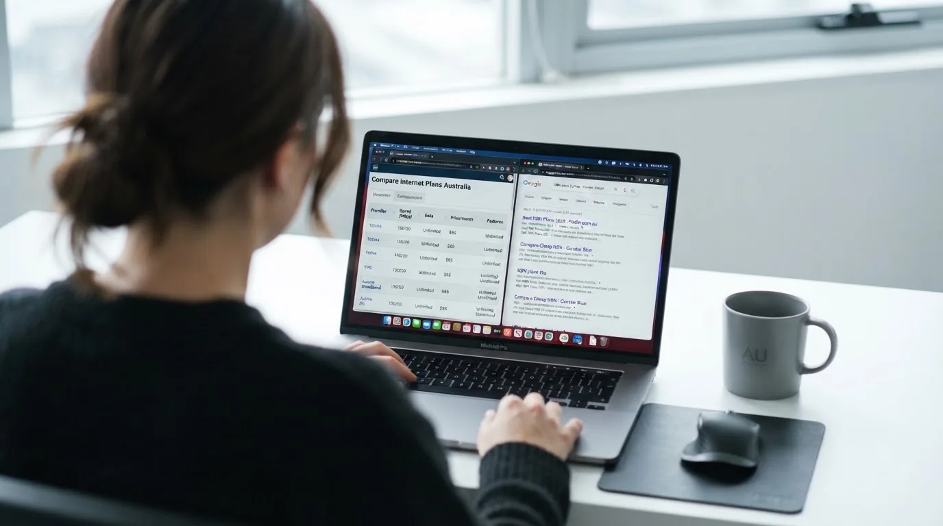 A laptop screen split between two browser tabs, one showing a comparison table and the other a search results page.