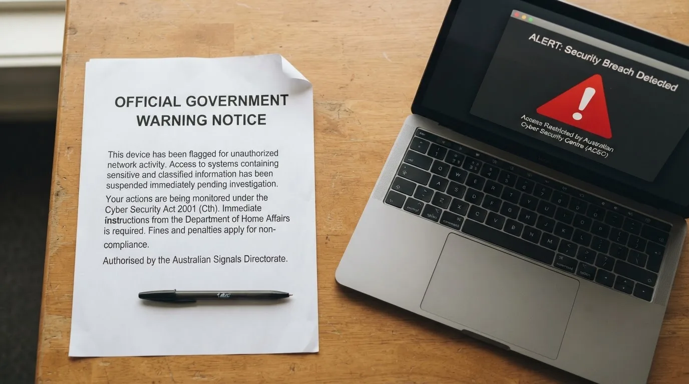 A printed government warning notice on a desk beside a laptop with a red alert icon on the screen.