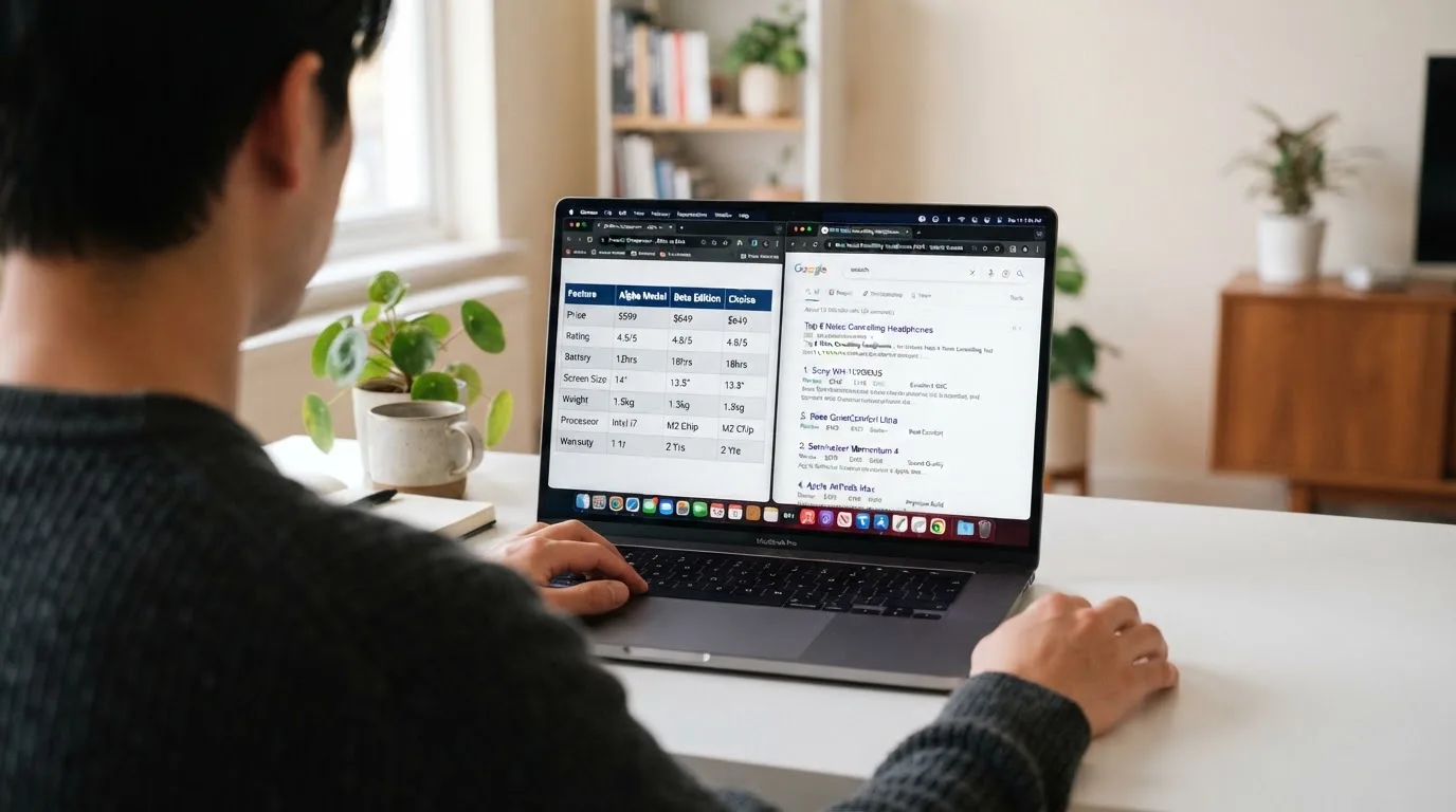 A laptop screen split between two browser tabs, one showing a comparison table and the other a search results page.