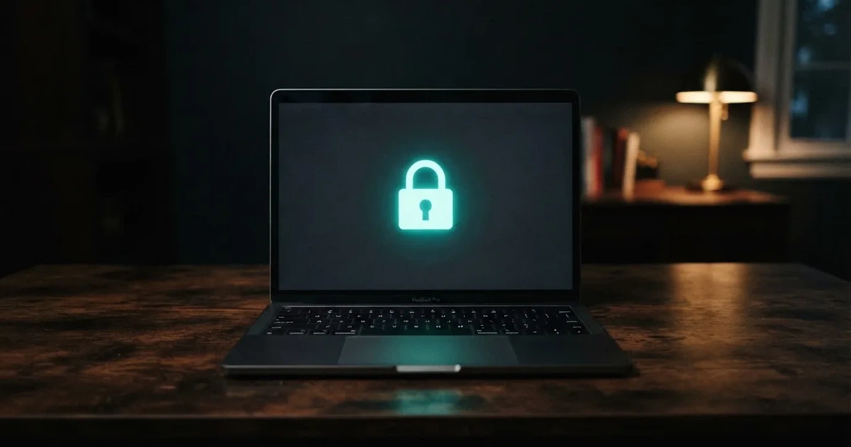 A padlock icon glowing on a laptop screen in a dim room.