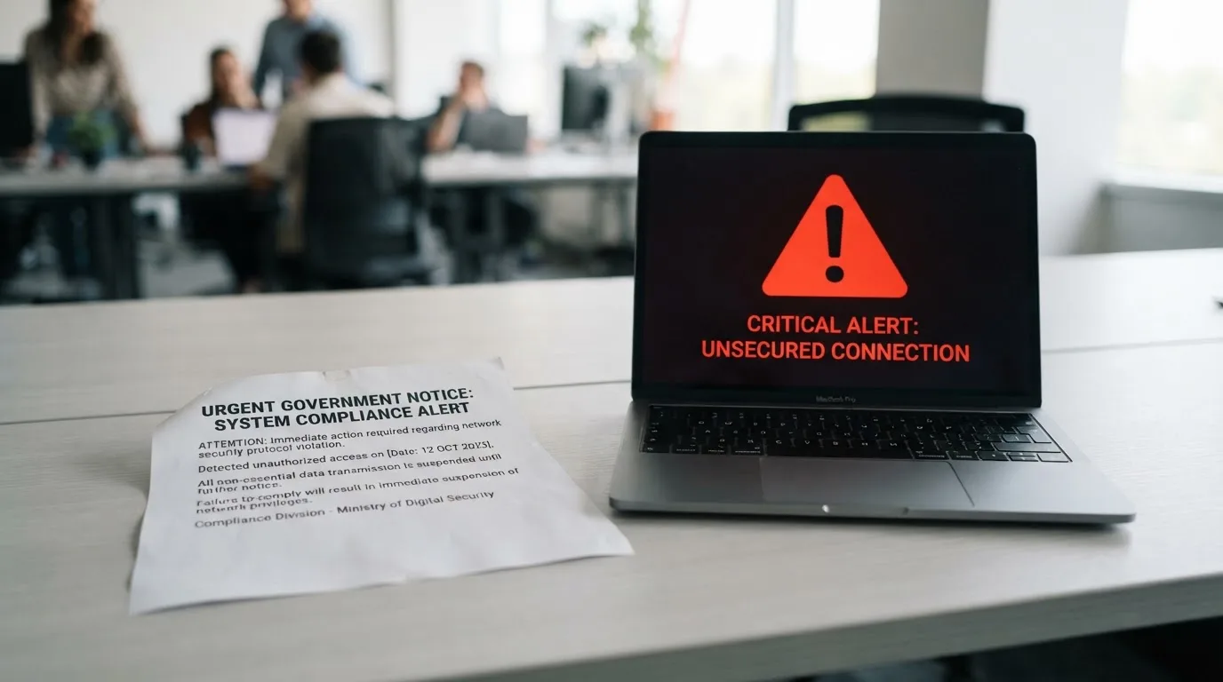 A printed government warning notice on a desk beside a laptop with a red alert icon on the screen.