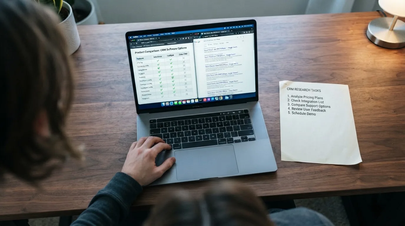A laptop screen split between two browser tabs, one showing a comparison table and the other a search results page.