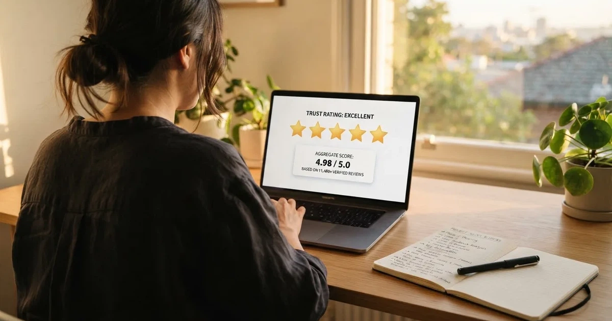 A five-star rating graphic displayed on a laptop screen next to a notepad.