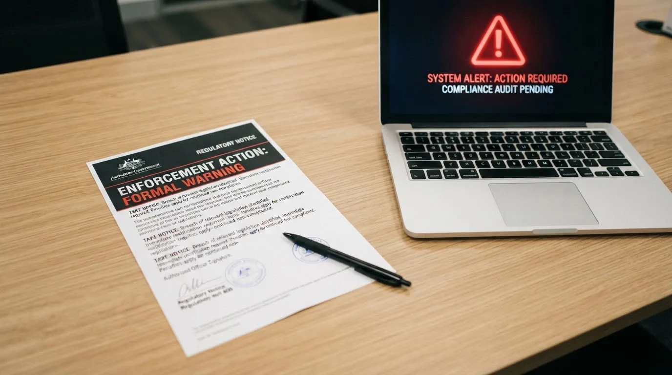 A printed government warning notice on a desk beside a laptop with a red alert icon on the screen.