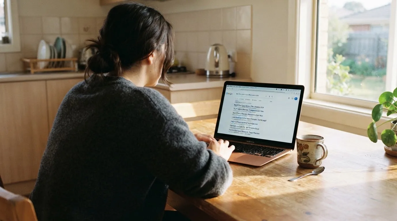 A person sits at a kitchen table, scrolling a laptop showing a general search results page about casino bonus offers.