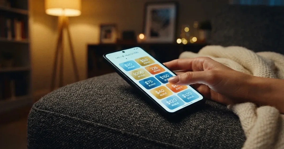 A phone screen shows a list of promotional bonus tiles as someone scrolls with one thumb on a couch in the evening.