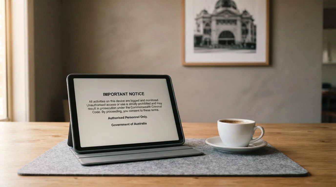 A tablet on a desk displays a plain government-style warning notice page, with a coffee cup beside it.