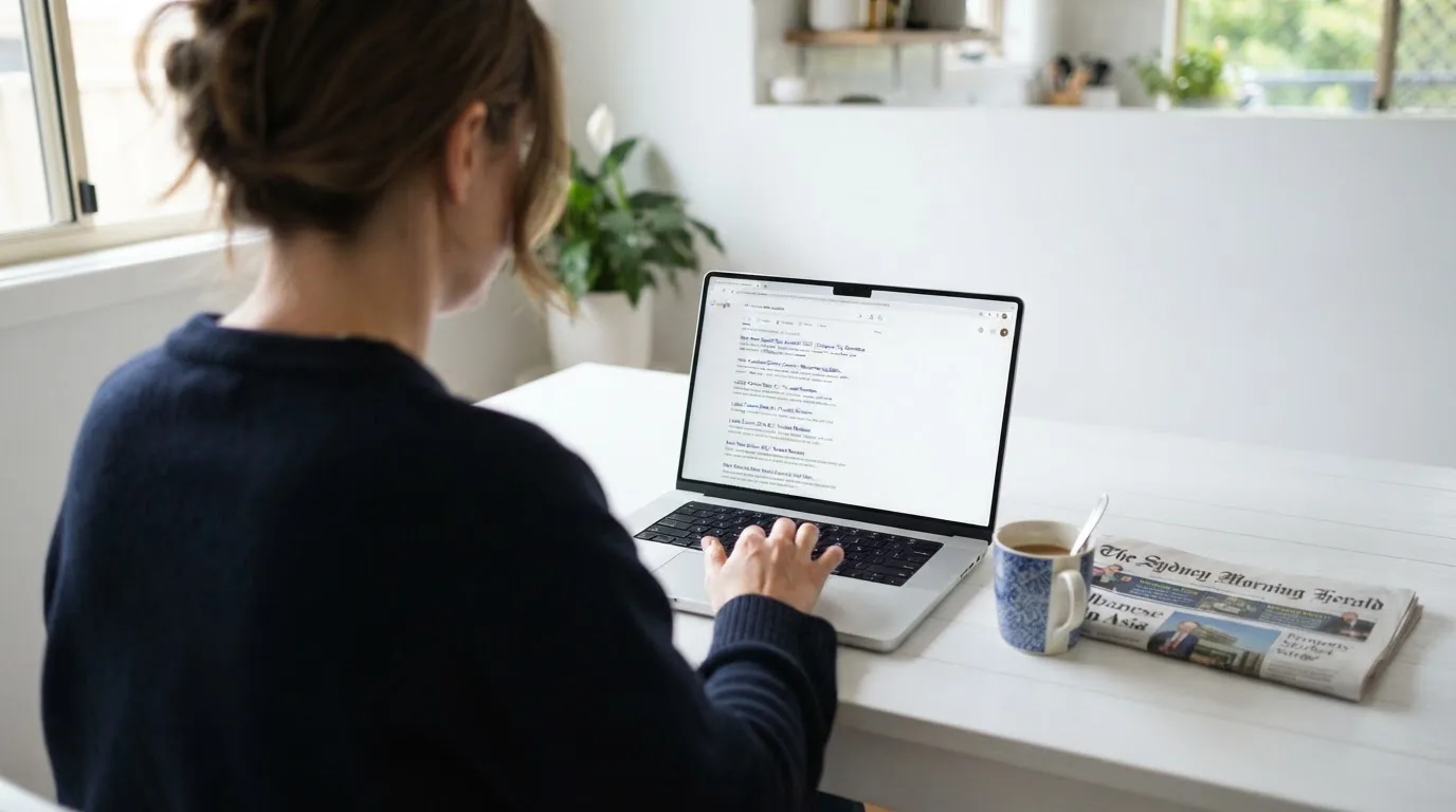A person sits at a kitchen table, scrolling a laptop showing a general search results page about new casino sites.