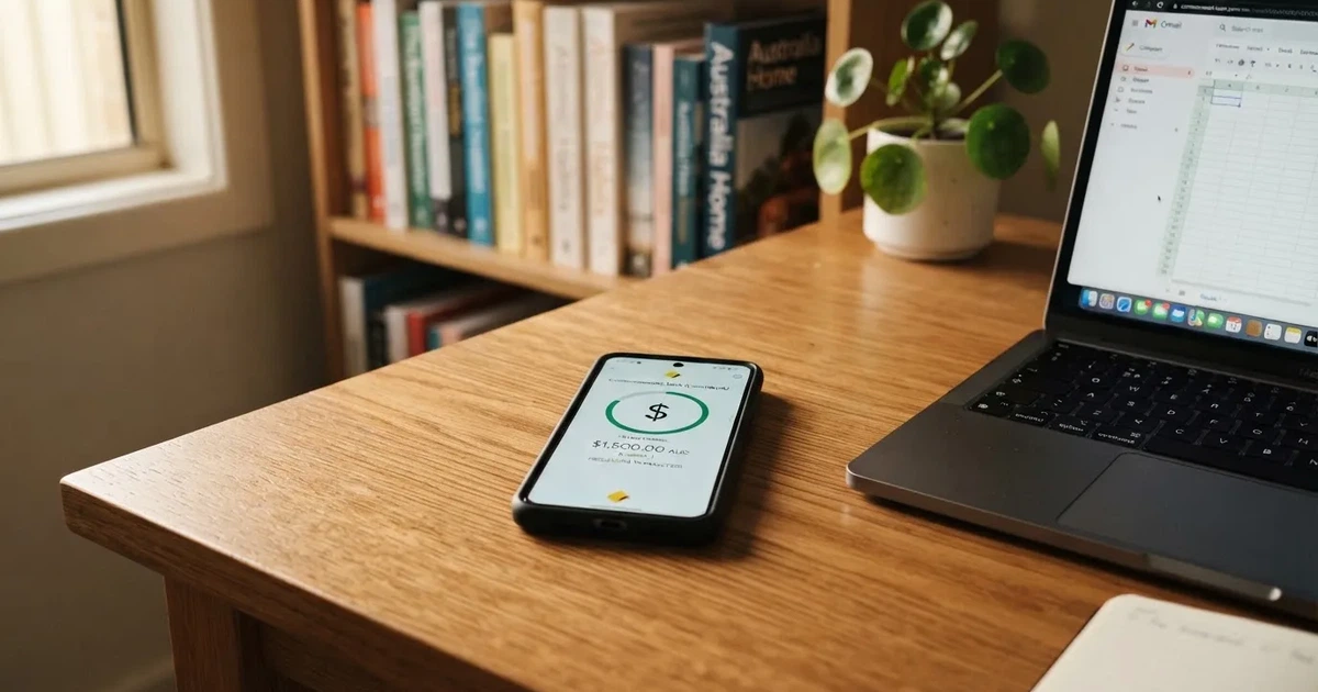 Close-up of a smartphone banking app open beside a laptop on a home desk, mid-transfer.