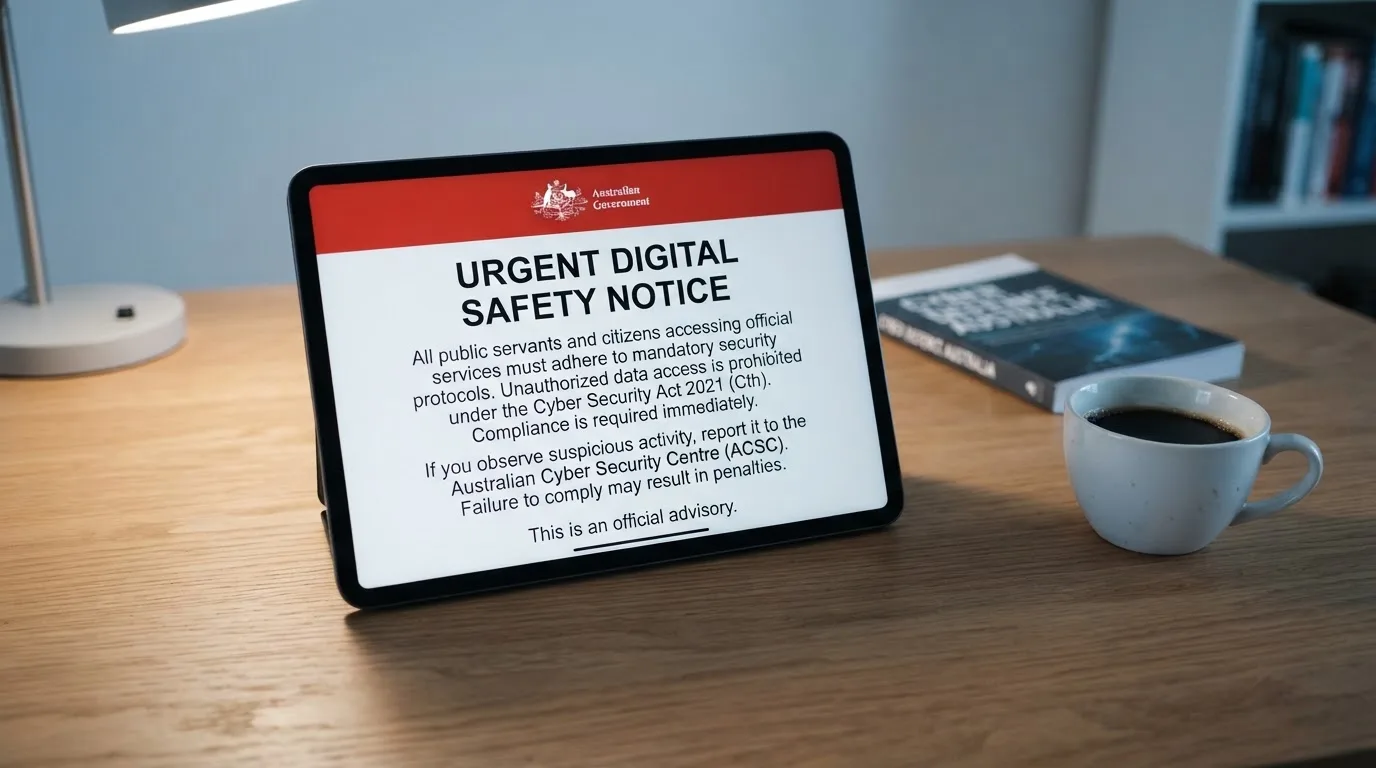 A tablet on a desk displays a plain government-style warning notice page, with a coffee cup beside it.