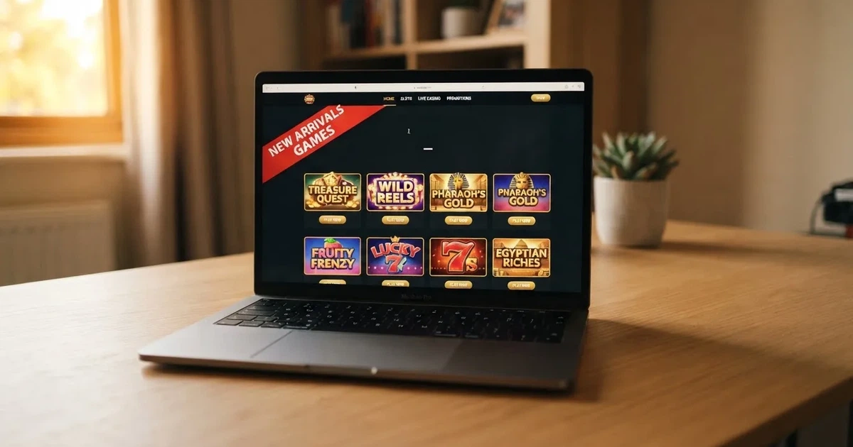 A laptop screen shows a freshly loading website homepage with a 'new' banner, on a plain desk.