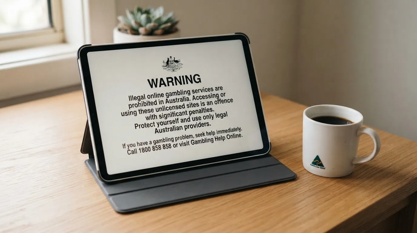 A tablet on a desk displays a plain government-style warning notice page, with a coffee cup beside it.