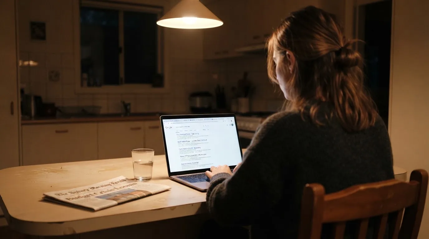 A person sits at a kitchen table in the evening, scrolling a laptop showing a general search results page about bonus offers.