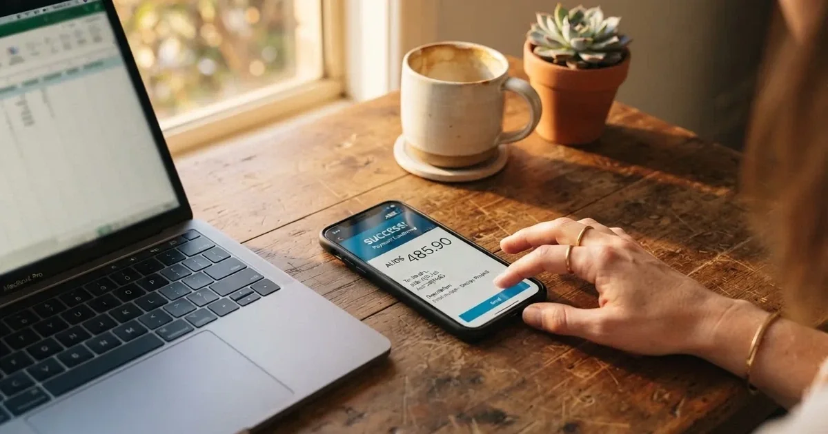 Close-up of a smartphone banking app open beside a laptop on a home desk, mid-transfer.