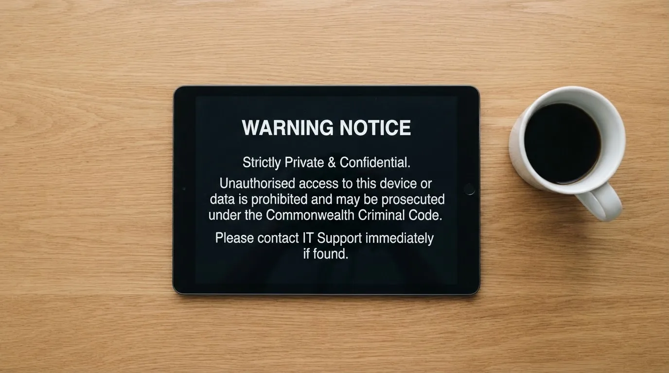 A tablet on a desk displays a plain government-style warning notice page, with a coffee cup beside it.
