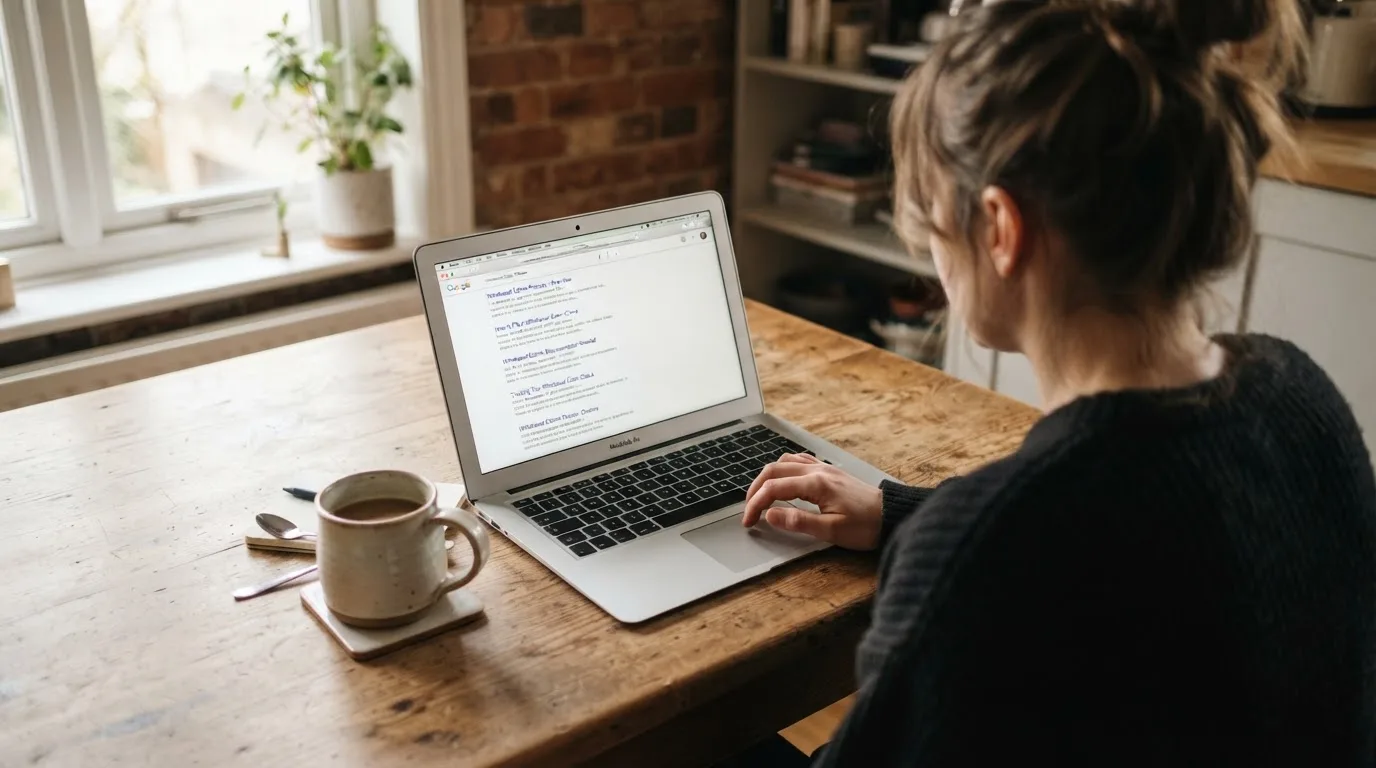 A person sits at a kitchen table, scrolling a laptop showing a general search results page about withdrawal claims.