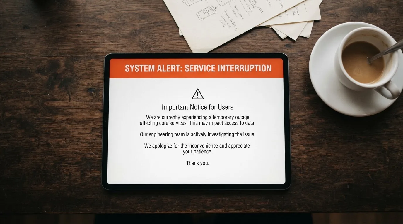 A tablet on a desk displays a plain government-style warning notice page, with a coffee cup beside it.