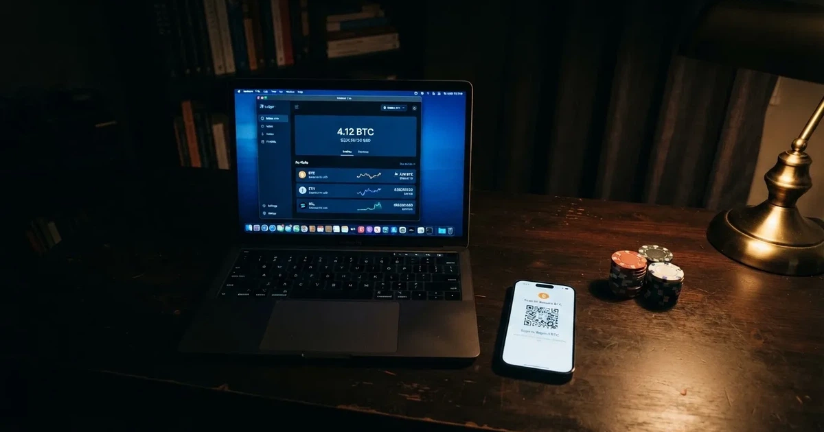 A laptop screen shows a cryptocurrency wallet balance next to a phone displaying a QR code, on a desk at night.